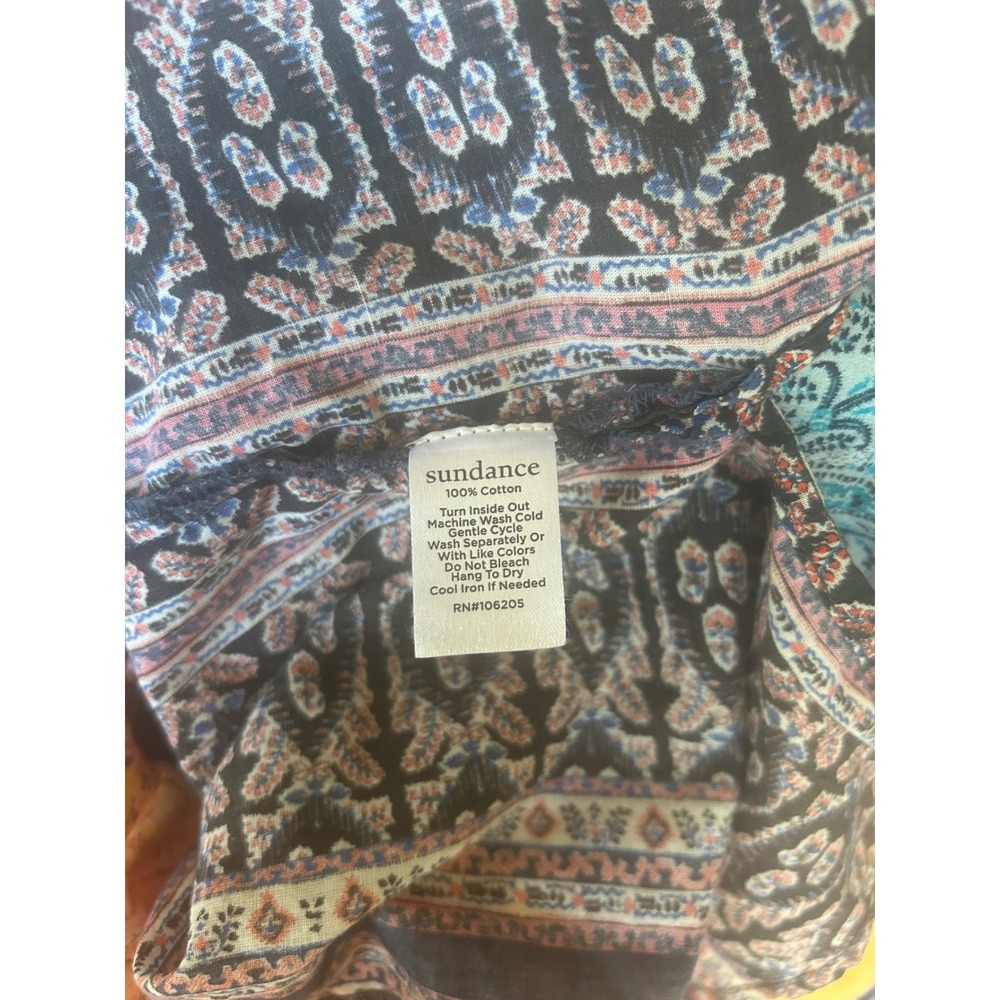 Sundance Patchwork Paisley Cotton Henley Top Blue Orange Boho Cap Sleeve - Picture 7 of 7